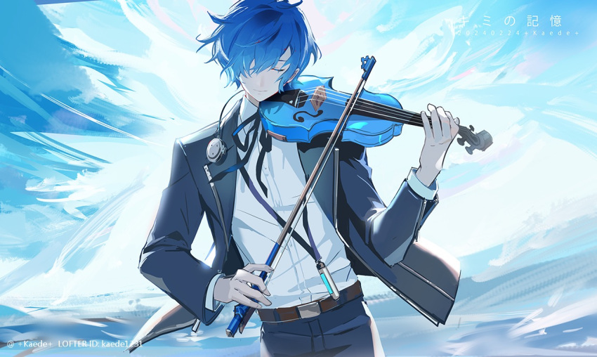 1boy, artist_name, blue_eyes, blue_hair, blue_jacket, blue_pants, closed_eyes, closed_mouth