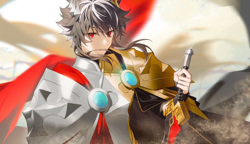 1boy, absurdres, armor, black_gloves, black_hair, cape, charlemagne_(fate), charlemagne_(third_ascension)_(fate), fate/grand_order, fate_(series), gloves, gold_armor, hair_between_eyes, highres, holding, idass_(idass16), joyeuse_ordre_(fate), looking_at_viewer, male_focus, multicolored_hair, pauldrons, red_eyes, short_hair, shoulder_armor, sidelocks, solo, streaked_hair, two-sided_cape, two-sided_fabric, two-tone_hair, upper_body, white_hair
