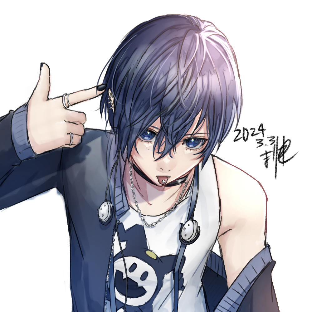 1boy, 2024, bishounen, black_choker, black_nails, blue_eyes, blue_hair, choker