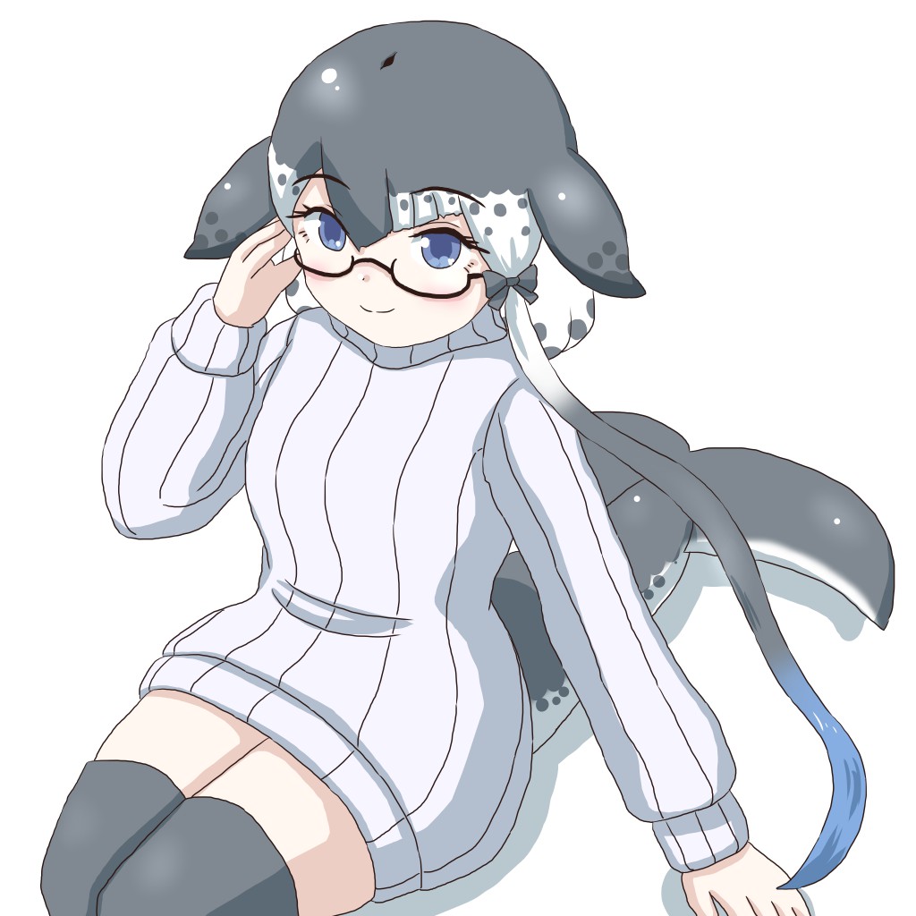 1girl, adjusting_eyewear, blowhole, blue_eyes, blue_hair, blue_whale_(kemono_friends), blue_whale_(kemono_friends)_(cosplay), cetacean_tail, cosplay, dolphin_girl, dress, fins, fish_tail, glasses, grey_hair, grey_thighhighs, head_fins, kemono_friends, long_sleeves, mukouyama_mu, multicolored_hair, narwhal_(kemono_friends), semi-rimless_eyewear, short_hair_with_long_locks, solo, sweater, sweater_dress, tail, thigh-highs, turtleneck, turtleneck_sweater, white_dress, white_hair, zettai_ryouiki