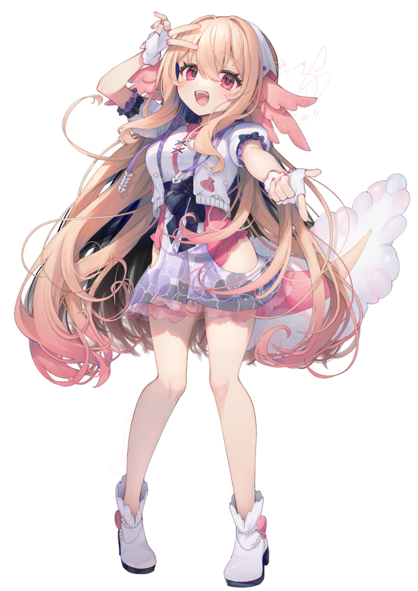 1girl, :d, arm_up, axolotl_ears, axolotl_girl, axolotl_tail, black_bow, black_ribbon, black_sash, bow, breasts, colored_tips, commentary_request, cropped_jacket, dated, drawstring, fingerless_gloves, floral_print, frilled_sleeves, frills, full_body, gloves, gunjou_row, hair_between_eyes, hairband, hand_up, high_heels, highres, jacket, light_brown_hair, long_hair, looking_at_viewer, lottie_shinju, multicolored_hair, open_mouth, pink_hair, pixellink, pointing, pointing_at_viewer, puffy_short_sleeves, puffy_sleeves, red_eyes, red_nails, ribbon, sash, seashell, shell, short_sleeves, signature, simple_background, smile, standing, teeth, upper_teeth_only, v_over_eye, very_long_hair, virtual_youtuber, white_background, white_footwear, white_gloves, white_hairband, white_jacket