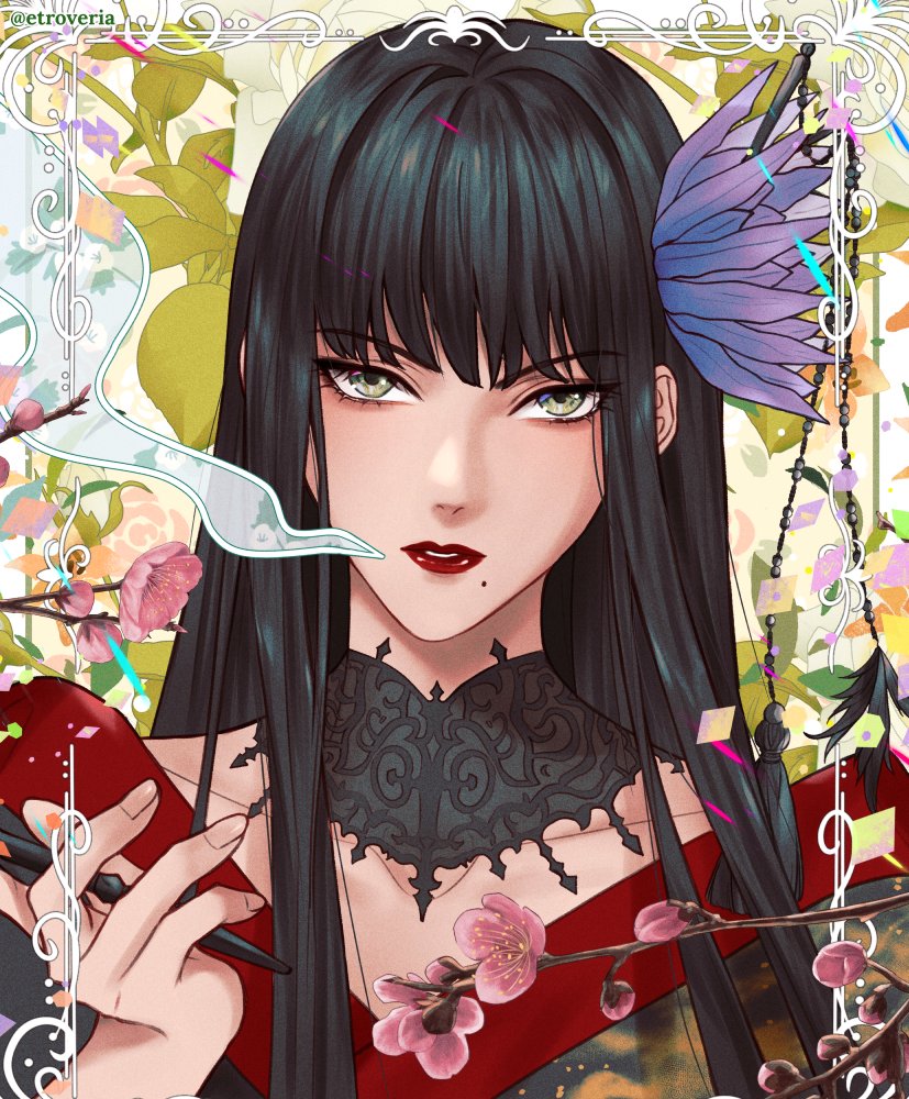 1girl, artist_name, black_collar, black_hair, black_kimono, blowing_smoke, branch, collar
