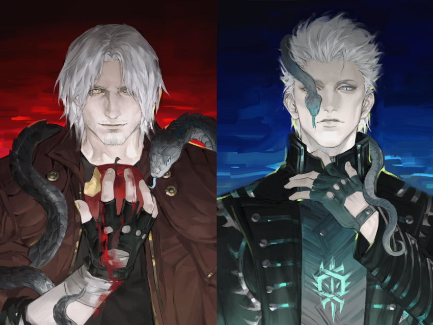 2boys, abionicsheep, animal, animal_around_neck, apple, bishounen, black_gloves, blood