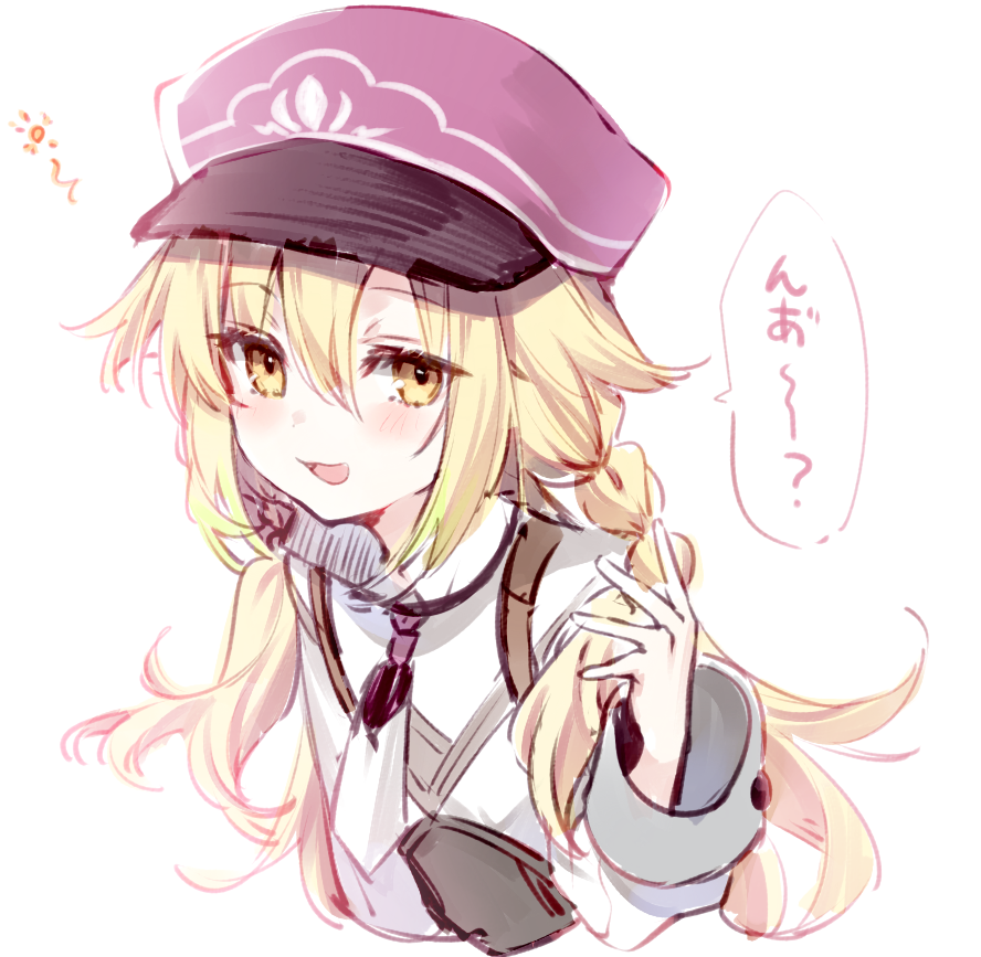 1girl, :d, blonde_hair, braid, cabbie_hat, collared_shirt, commentary_request, cropped_torso