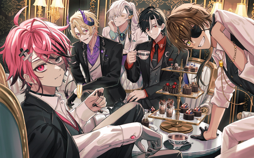 5boys, ahoge, azuma_hatori, bishounen, black_hair, blonde_hair, brown_hair, cassian_floros, cup, english_commentary, eyelashes, eyepatch, first_stage_production, gale_galleon, green_eyes, grey_eyes, grin, hair_between_eyes, highres, long_hair, looking_at_viewer, lucien_lunaris, male_focus, multicolored_hair, multiple_boys, nail_polish, patchwork_skin, pink_eyes, pink_hair, red_eyes, rosco_graves, short_hair, sitting, smile, suit, teacup, virtual_youtuber, white_day, white_hair, zander_netherbrand