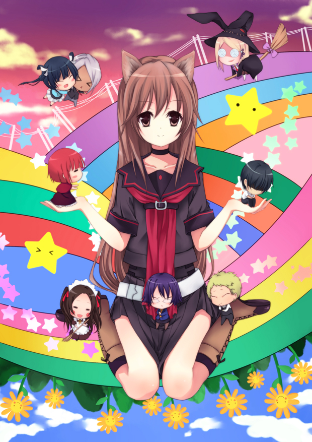 animal_ears, boots, brown_eyes, brown_hair, chibi, choker, everyone, kemonomimi_mode