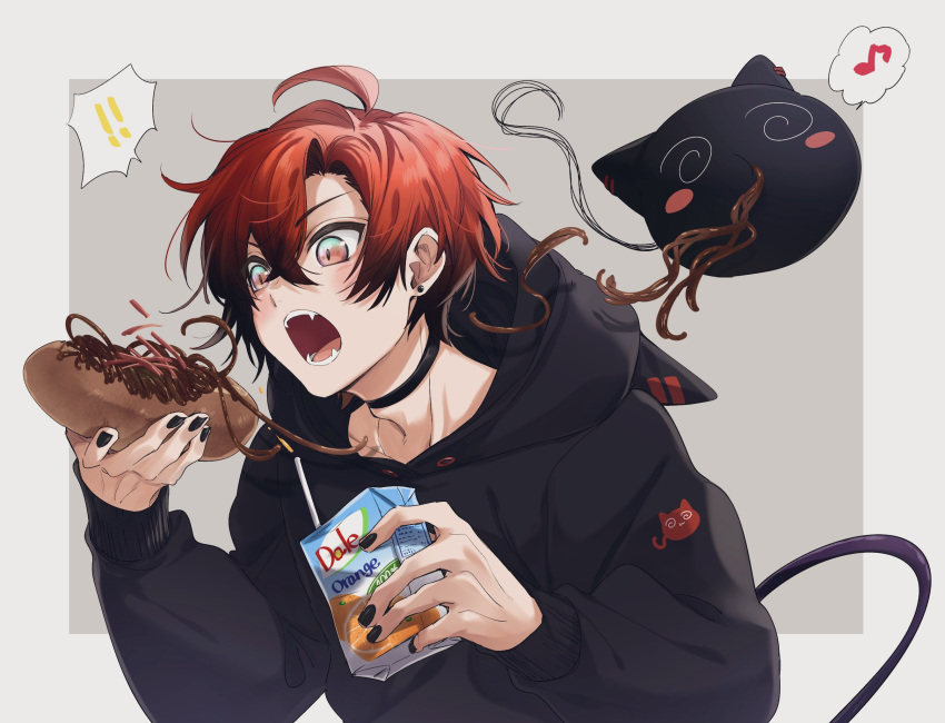 !, !!, 1boy, @_@, ahoge, black_choker, black_hair, black_hoodie