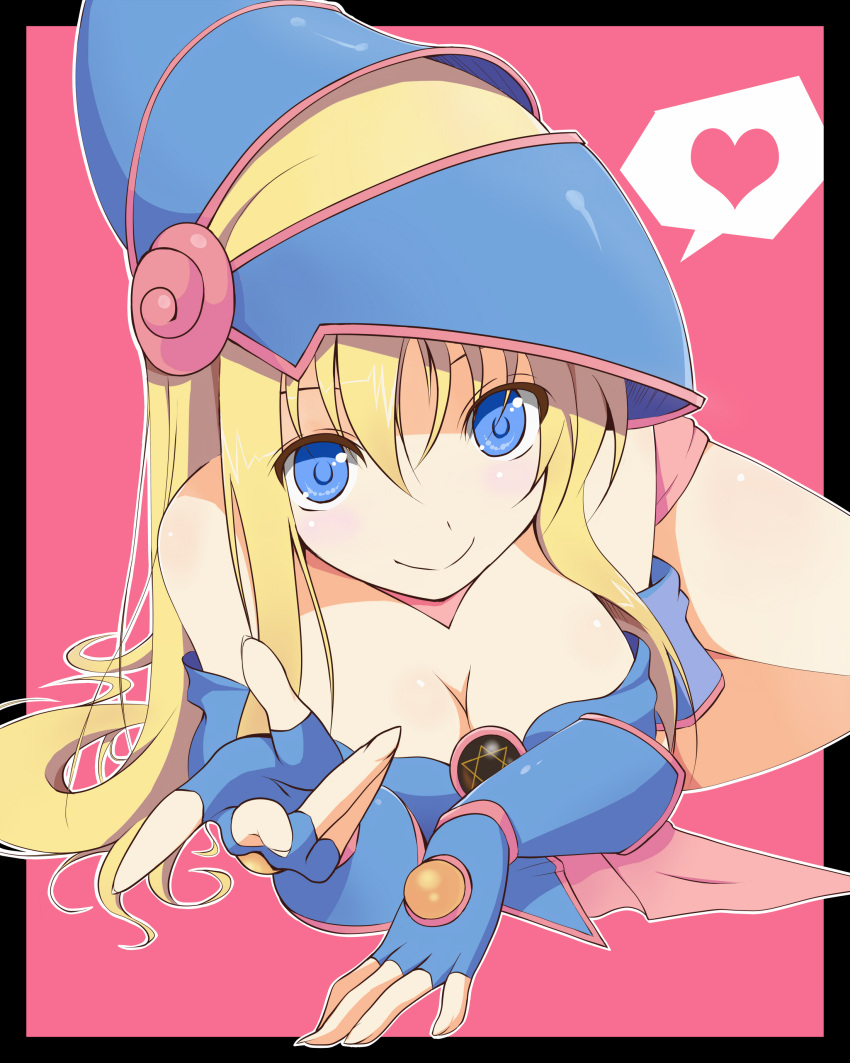 bare_shoulders, blonde_hair, blue_eyes, breasts, cleavage, dark_magician_girl, fingerless_gloves, gloves, hat, heart, hexagram, highres, hotto_kan, long_hair, smile, solo, speech_bubble, spoken_heart, witch_hat, wizard_hat, yuu-gi-ou, yuu-gi-ou_duel_monsters