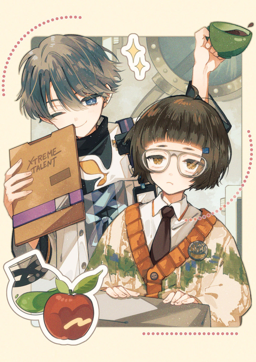 1boy, 1girl, 8_keei, ;), apple, arm_up, black_hair, black_necktie