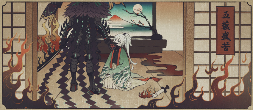 2girls, absurdres, aqua_hakama, aqua_haori, armor, black_armor, earrings, fate/samurai_remnant