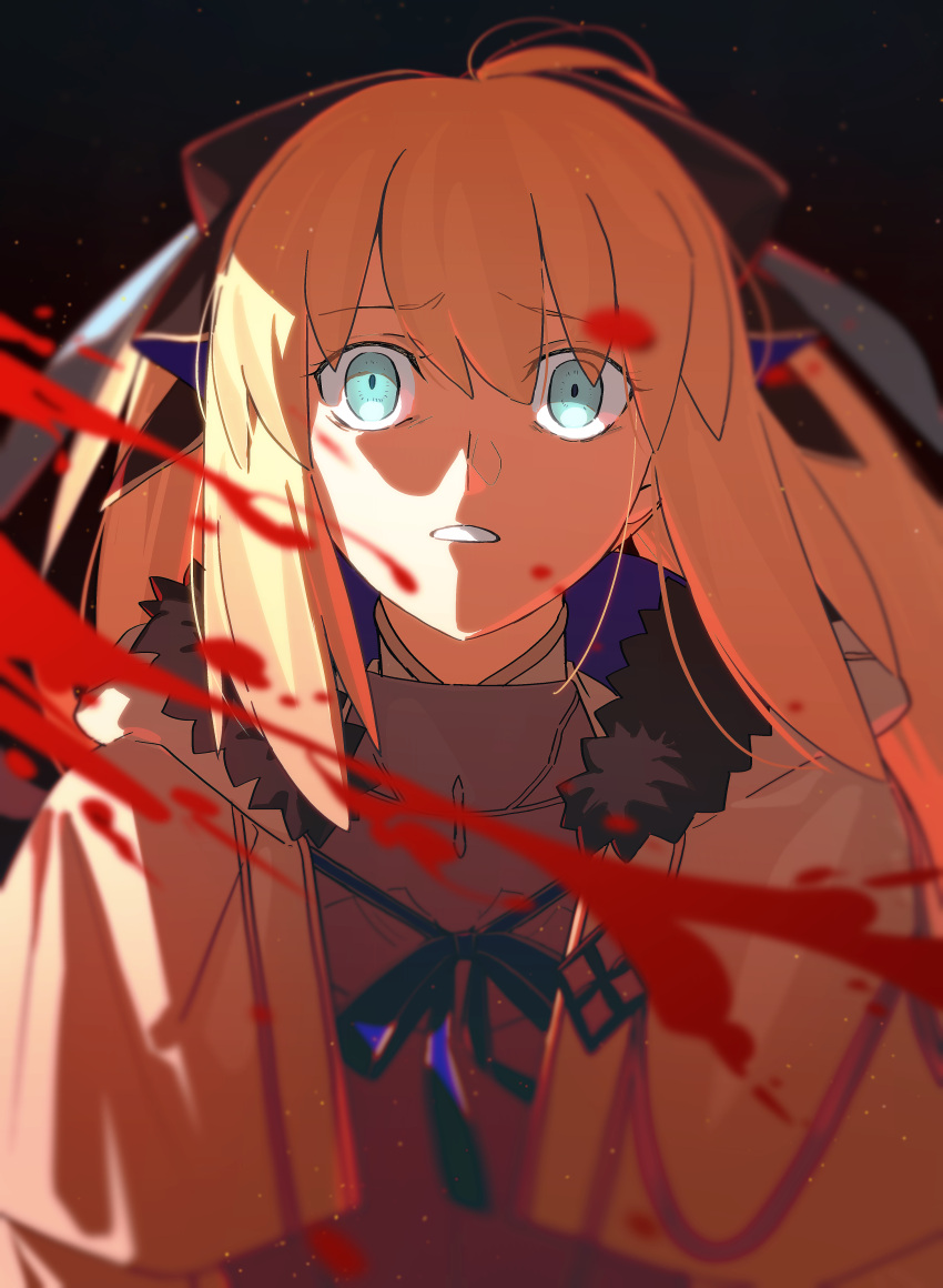 1girl, absurdres, armor, armored_dress, black_fur, blonde_hair, blood, blue_eyes