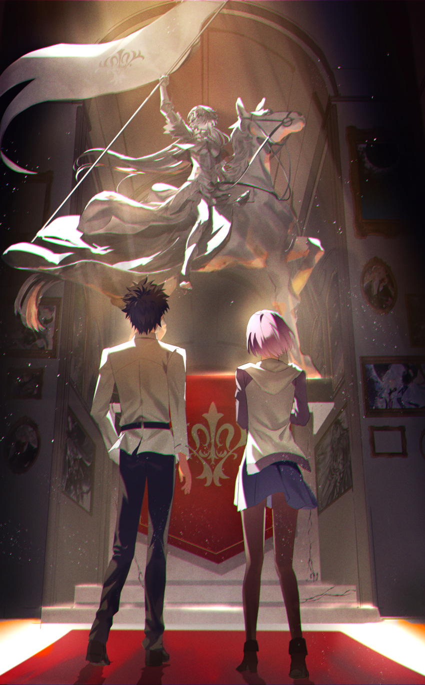 1boy, absurdres, armor, armored_dress, banner, black_hair, braid, chaldea_uniform