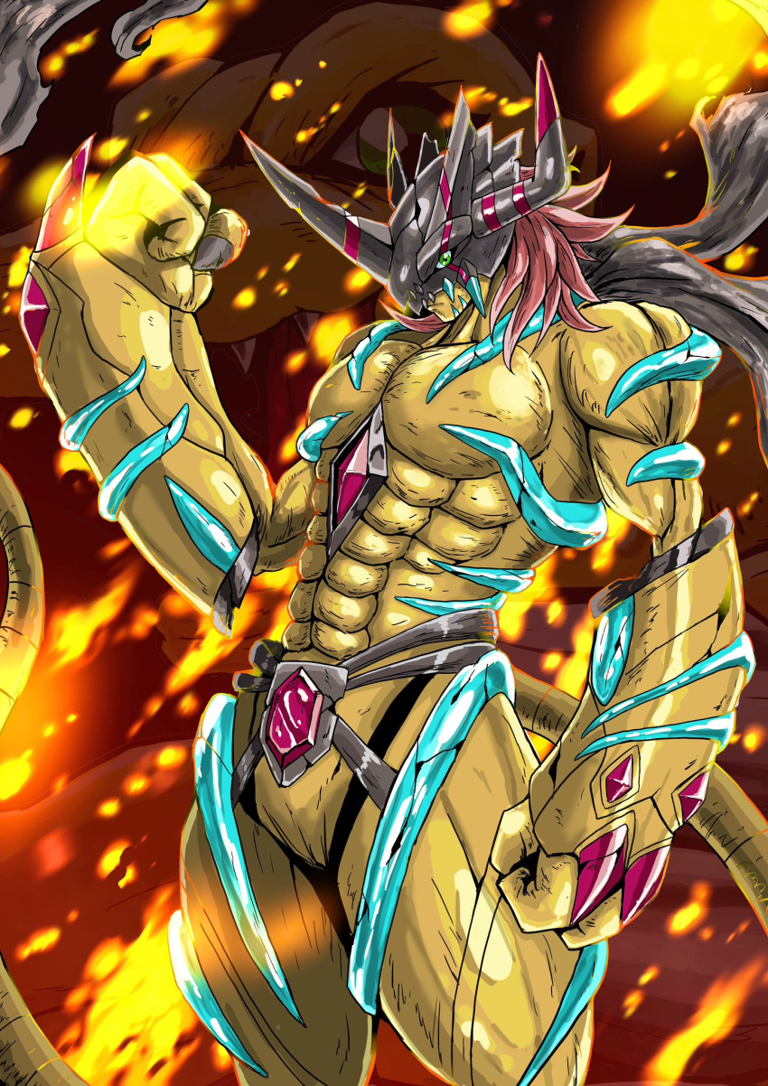 1boy, agumon, agumon_-yuki_no_kizuna-, battle_damage, brown_helmet, chest_jewel, clenched_hands, colored_skin
