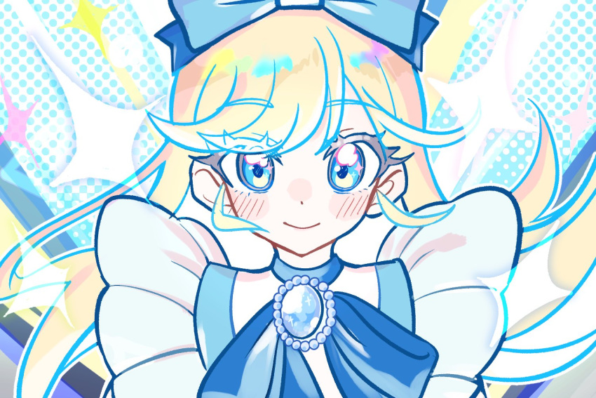 1girl, blonde_hair, blue_bow, blue_eyes, blue_ribbon, bow, brooch, closed_mouth