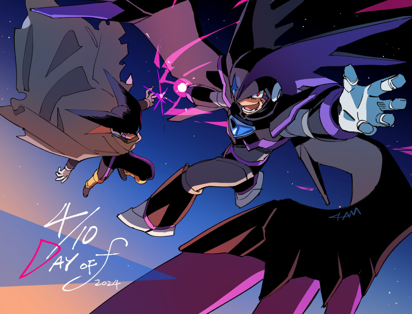 2boys, absurdres, arm_cannon, armor, artist_name, bass.exe_(mega_man), bass_(mega_man), bass_day