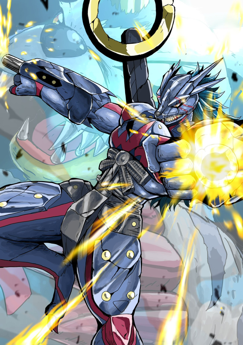 1boy, arm_cannon, armor, battle_damage, blue_armor, blue_hair, blue_helmet, clenched_hands