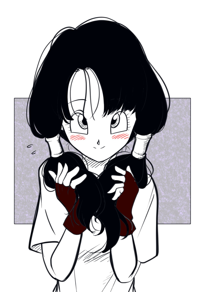 1girl, absurdres, black_hair, blush, closed_mouth, dragon_ball, dragon_ball_z, fingerless_gloves