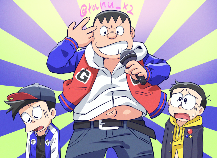 3boys, antenna_hair, artist_name, baseball_cap, belt, black_hair, blue_background, buster_bros!!!