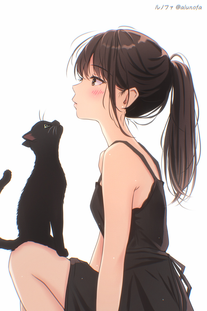 1girl, black_cat, black_dress, blush, breasts, brown_eyes, brown_hair, cat, closed_mouth, dress, from_side, highres, knee_up, looking_ahead, original, ponytail, simple_background, sleeveless, sleeveless_dress, small_breasts, solo, twitter_username, upper_body, white_background, yuluvine