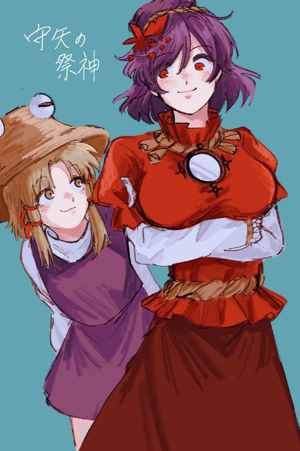 2girls, ame_iru, arms_behind_back, blonde_hair, blue_background, breasts, brown_hat, brown_headband