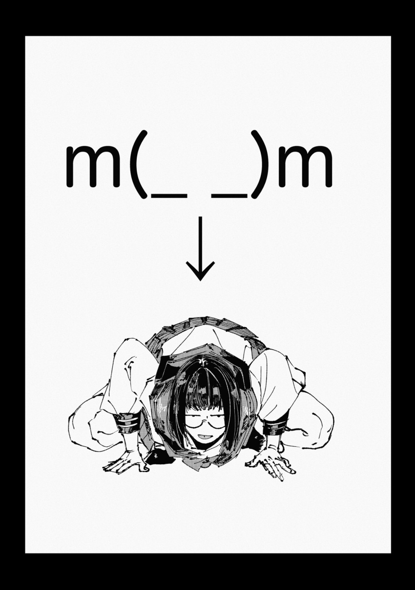 1girl, all_fours, arrow_(symbol), bob_cut, bowing, breasts, emoji, full_body