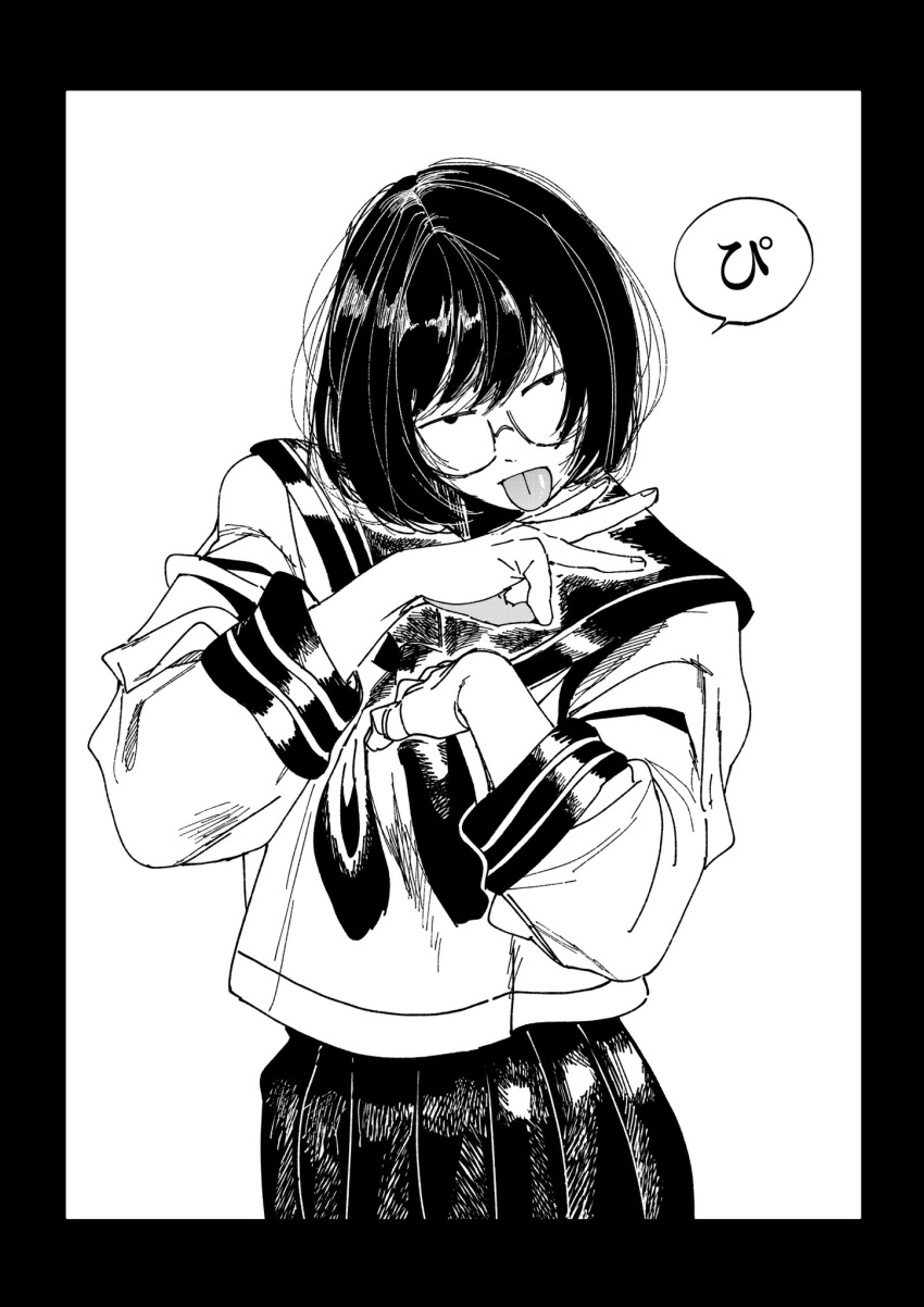 1girl, :p, bob_cut, border, breasts, glasses, greyscale, hachinuki_tetsuyo