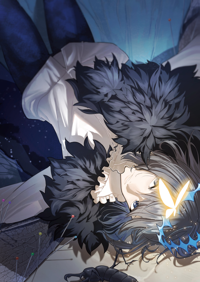 1boy, absurdres, arthropod_boy, black_hair, blue_eyes, bug, butterfly_wings, cape