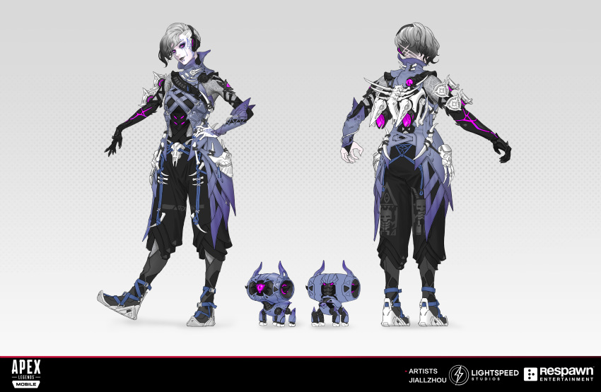 1girl, absurdres, apex_legends, apex_legends_mobile, asymmetrical_hair, banshee_howl_rhapsody, black_bodysuit, black_footwear