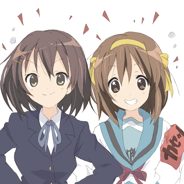 2girls, armband, brown_eyes, brown_hair, company_connection, core_(mayomayo), cosplay, costume_switch