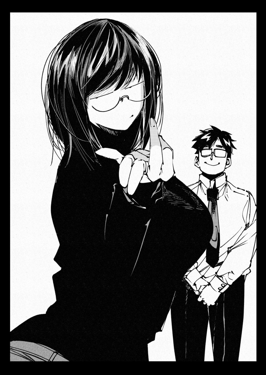 1boy, 1girl, blowing_kiss, breasts, collared_shirt, facing_viewer, fingernails, glasses