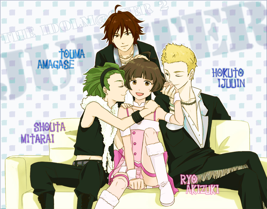 ahoge, akizuki_ryou, amagase_touma, antenna_hair, bare_shoulders, blonde_hair, boots, brown_eyes, brown_hair, closed_eyes, crossdressinging, cute_&amp;_girly_(idolmaster), forehead, futaba_(inryoku04), green_hair, hand_on_head, hand_on_shoulder, holding_hands, idolmaster, idolmaster_2, idolmaster_dearly_stars, ijuuin_hokuto, jewelry, jupiter_(idolmaster), male, mitarai_shouta, multiple_boys, necklace, open_mouth, short_hair, smile, sweatdrop, thigh-highs, thighhighs, trap, wink