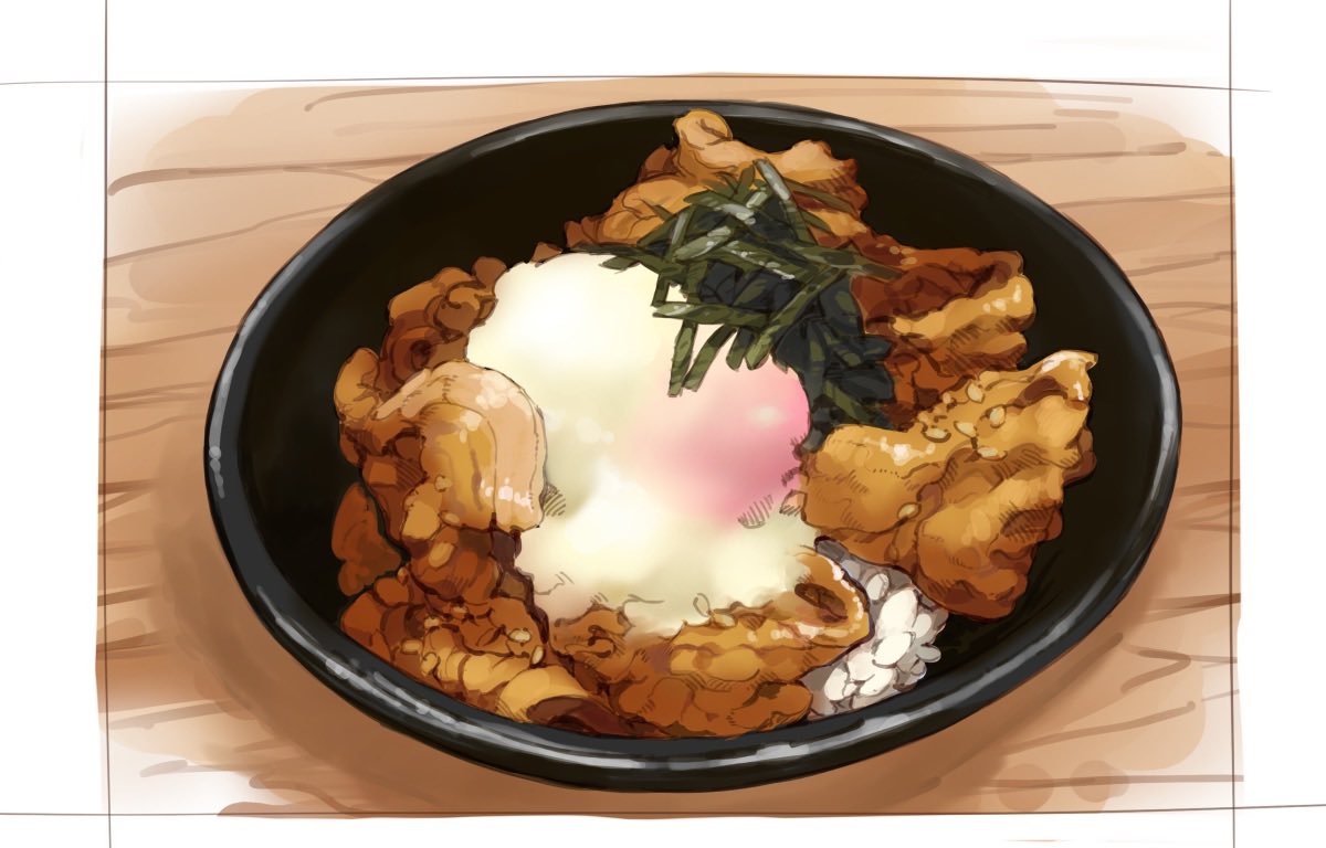 border, bowl, danryoku_r, donburi, food, food_focus, fried_egg, meat, no_humans, nori_(seaweed), original, pork, realistic, rice, sesame_seeds, still_life, white_border