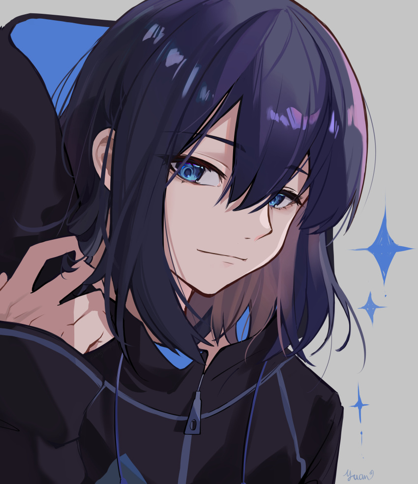 1boy, 1girl, absurdres, black_hair, black_jacket, black_pants, blue_eyes, blue_shirt