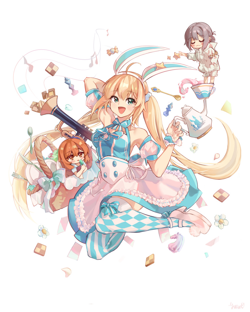1boy, 2girls, absurdres, ahoge, animal_ear_hairband, animal_ears, argyle_clothes, argyle_legwear, argyle_thighhighs, artoria_caster_(fate), artoria_caster_(swimsuit)_(fate), artoria_caster_(swimsuit)_(second_ascension)_(fate), artoria_pendragon_(fate), baggy_clothes, bare_shoulders, blonde_hair, blue_dress, blue_thighhighs, blush, bow, bow_legwear, breasts, character_hood, checkered_thighhighs, cropped_jacket, dress, dress_bow, fake_animal_ears, fate/grand_order, fate_(series), food, fujimaru_ritsuka_(female), green_eyes, hair_between_eyes, hairband, highres, holding, holding_food, holding_popsicle, jacket, long_hair, long_sleeves, looking_at_viewer, multiple_girls, oberon_(refreshing_summer_prince)_(fate), official_alternate_costume, orange_eyes, orange_hair, popsicle, puffy_short_sleeves, puffy_sleeves, rabbit_ears, shengyuan_03, short_hair, short_sleeves, smile, striped_clothes, striped_thighhighs, thigh-highs, twintails, two-tone_thighhighs, vertical-striped_clothes, vertical-striped_thighhighs, white_jacket, white_wristband