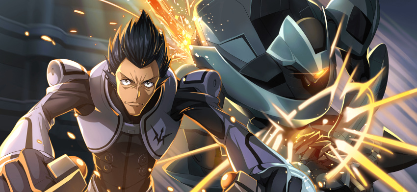 1boy, armor, artist_request, backlighting, black_bodysuit, black_hair, bodysuit, closed_mouth