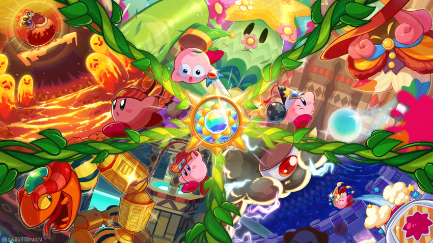 battle, beam_kirby, blush_stickers, bomb, bomb_kirby, coily_rattler, colored_skin, copy_ability, cowboy_hat, explosive, fighter_kirby, flower, flowery_woods, forked_tongue, hat, highres, holding, holding_bomb, holding_sword, holding_wand, holding_weapon, holding_whip, jester_cap, kashiwa_(ksw04270mochi), kirby, kirby:_triple_deluxe, kirby_(series), kracko, lava, one-eyed, one_eye_closed, open_mouth, paint_splatter, paintra, pink_skin, pyribbit, solid_oval_eyes, sparkle, star_(symbol), sun_stone_(kirby), sword, sword_kirby, tongue, tree, wand, weapon, whip_kirby, witch_hat