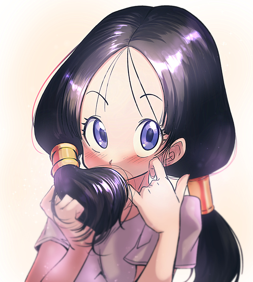 1girl, absurdres, black_hair, blue_eyes, blush, dragon_ball, dragon_ball_z, highres, long_hair, looking_at_viewer, shirt, simple_background, solo, twintails, videl, white_background, white_shirt, yuuri_(fukuroudou)