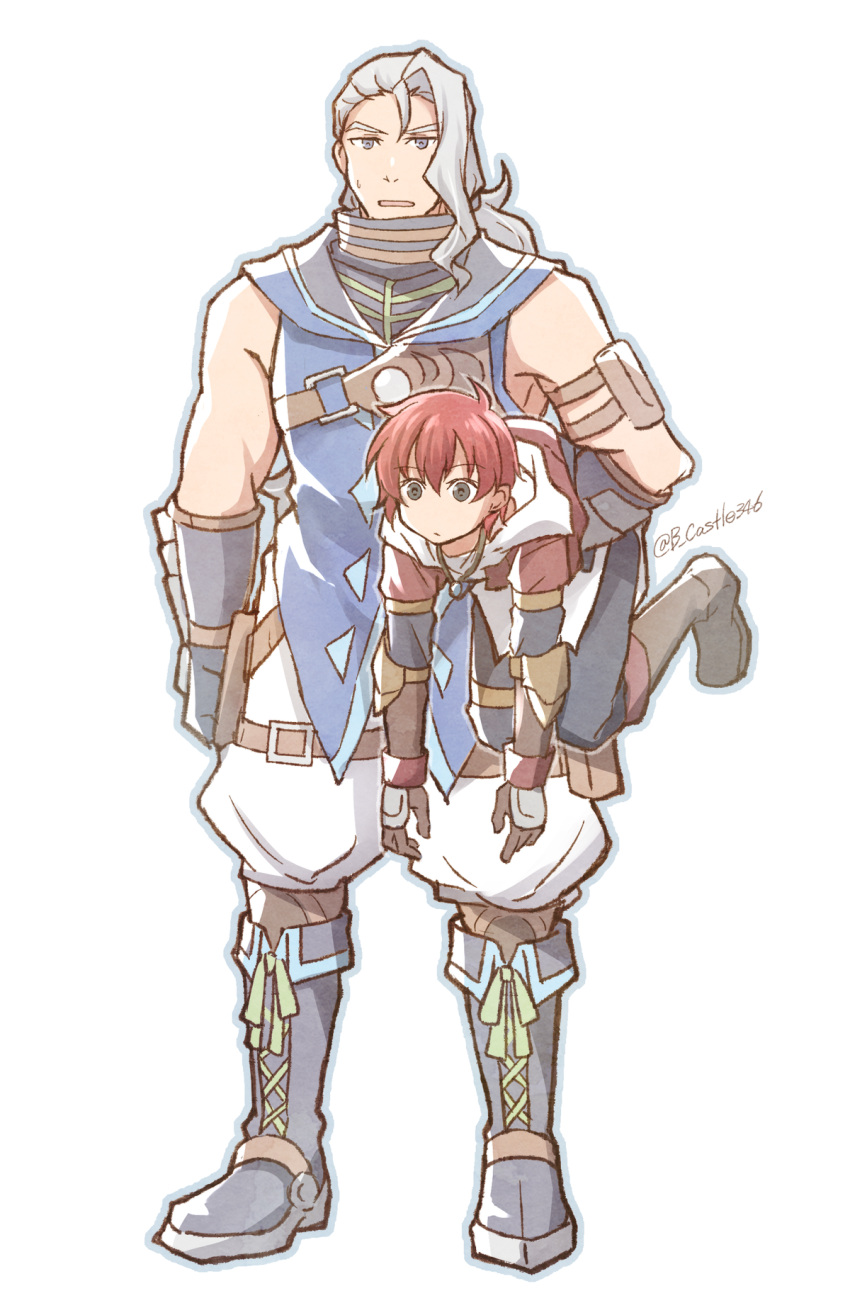 2boys, adol_christin, alternate_size, boots, brown_gloves, carrying, carrying_person, commentary_request