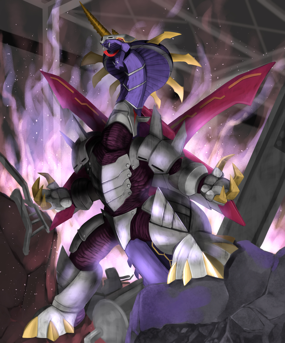 chimera, cobra_(animal), contract_monster, contrapposto, destruction, evildiver, foreshortening, fusion, genocider_(ryuki), highres, hooves, kamen_rider, kamen_rider_ryuki_(series), metalgelas, monster, open_hands, rhinoceros, stingray, tsubasansan, venosnaker, wings