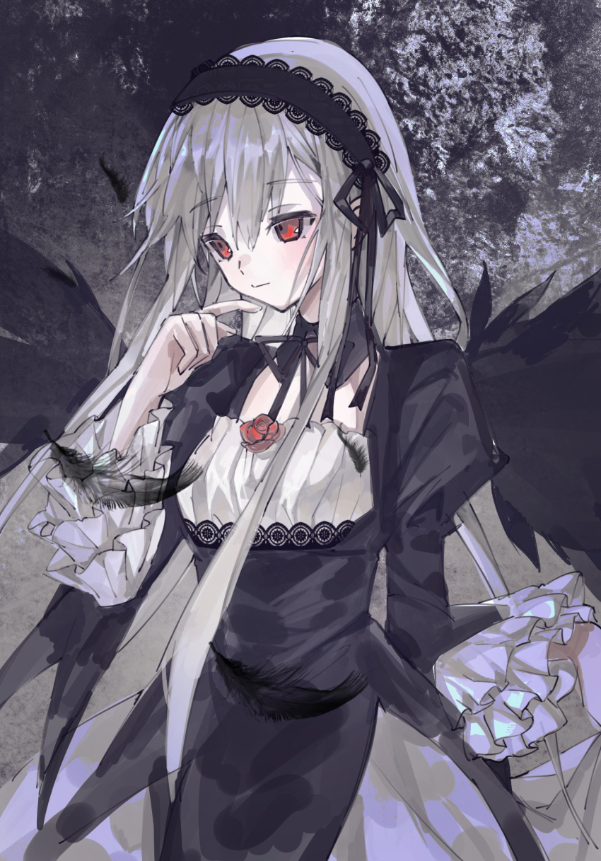 1girl, black_background, black_dress, black_hairband, black_wings, chinese_commentary, commentary_request, cowboy_shot