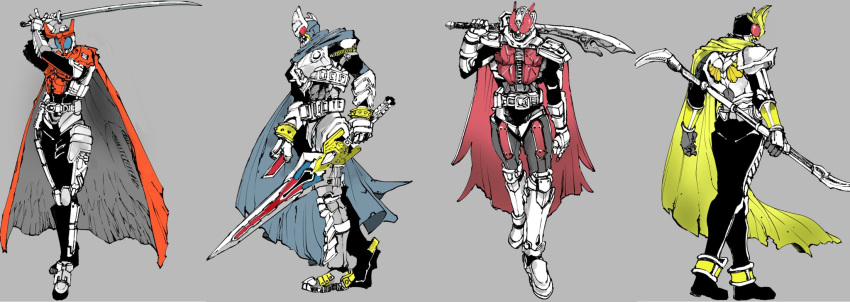 4boys, alternate_form, armor, armored_boots, armored_gloves, asymmetrical_armor, back, belt