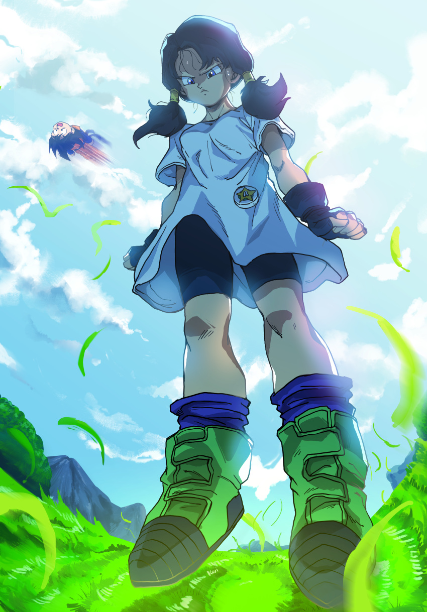 1boy, 1girl, absurdres, bike_shorts, black_hair, blue_eyes, closed_mouth, clouds, dragon_ball, dragon_ball_z, fingerless_gloves, floating, flying, gloves, highres, kouji08250, long_hair, open_mouth, shirt, smile, son_goten, twintails, videl, white_shirt