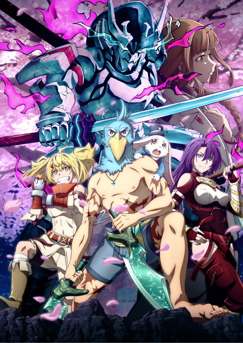 1boy, 3girls, ahoge, amane_towa, armor, arthur_pencilgon_(shangri-la_frontier), blonde_hair, blue_eyes