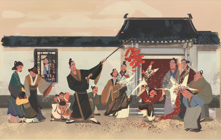 6+boys, 6+girls, aged_down, apron, architecture, black_eyes, black_hair, black_headband