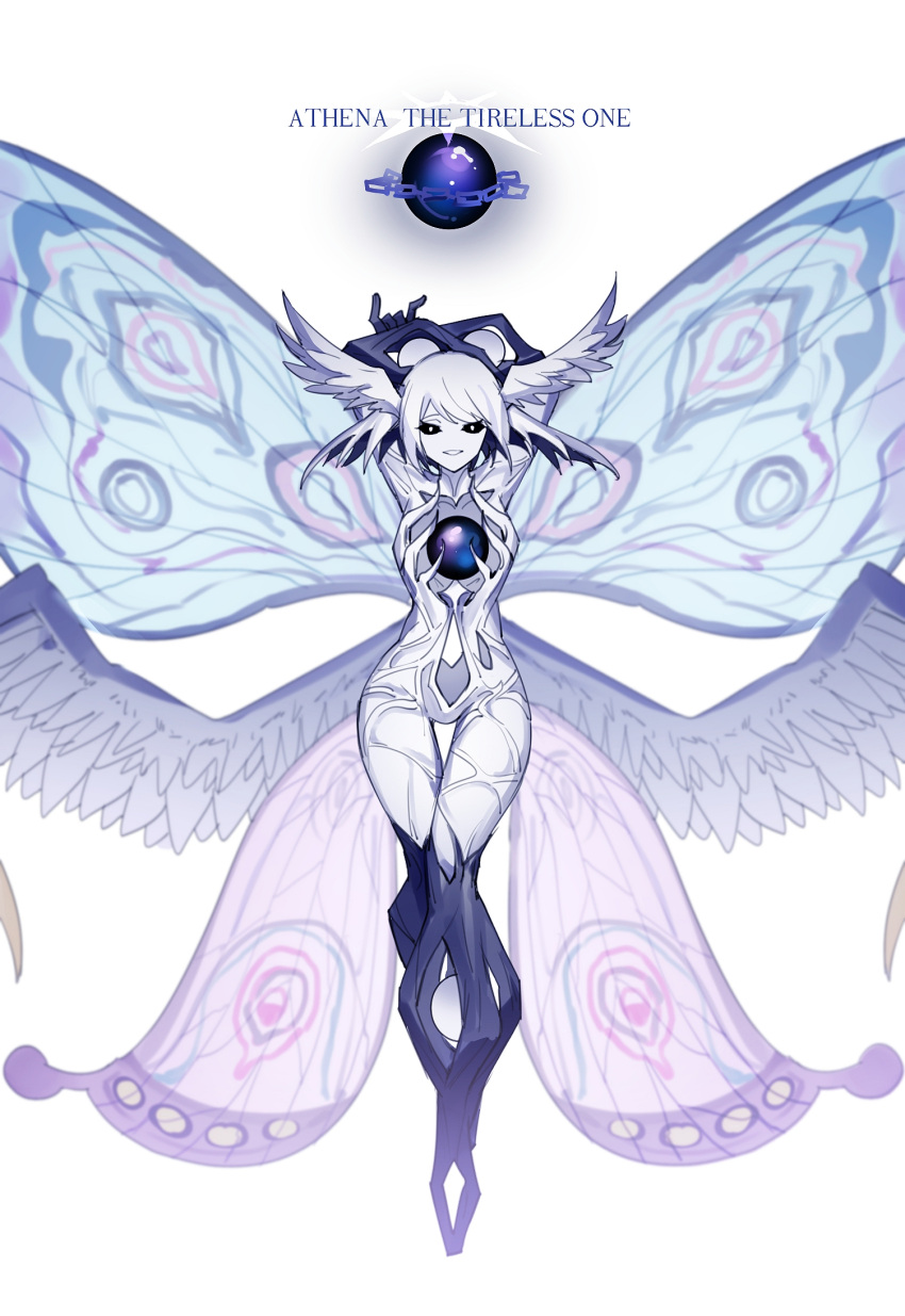 1girl, arms_behind_back, arms_up, athena_(ff14), black_sclera, blue_skin, blue_wings, chain