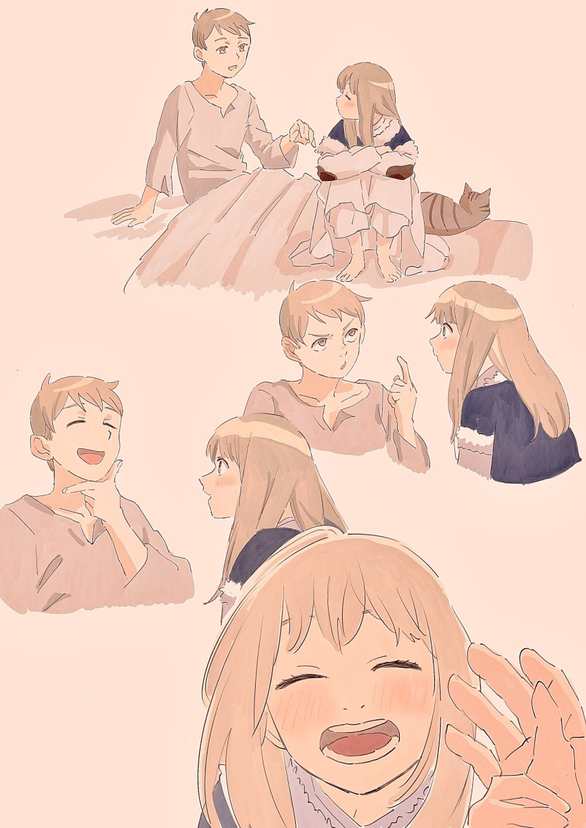 1boy, 1girl, aged_down, animal, barefoot, blanket, blue_vest, brother_and_sister