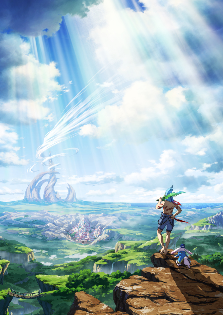 1boy, blue_pants, clouds, day, dual_wielding, emul_(shangri-la_frontier), hat, highres