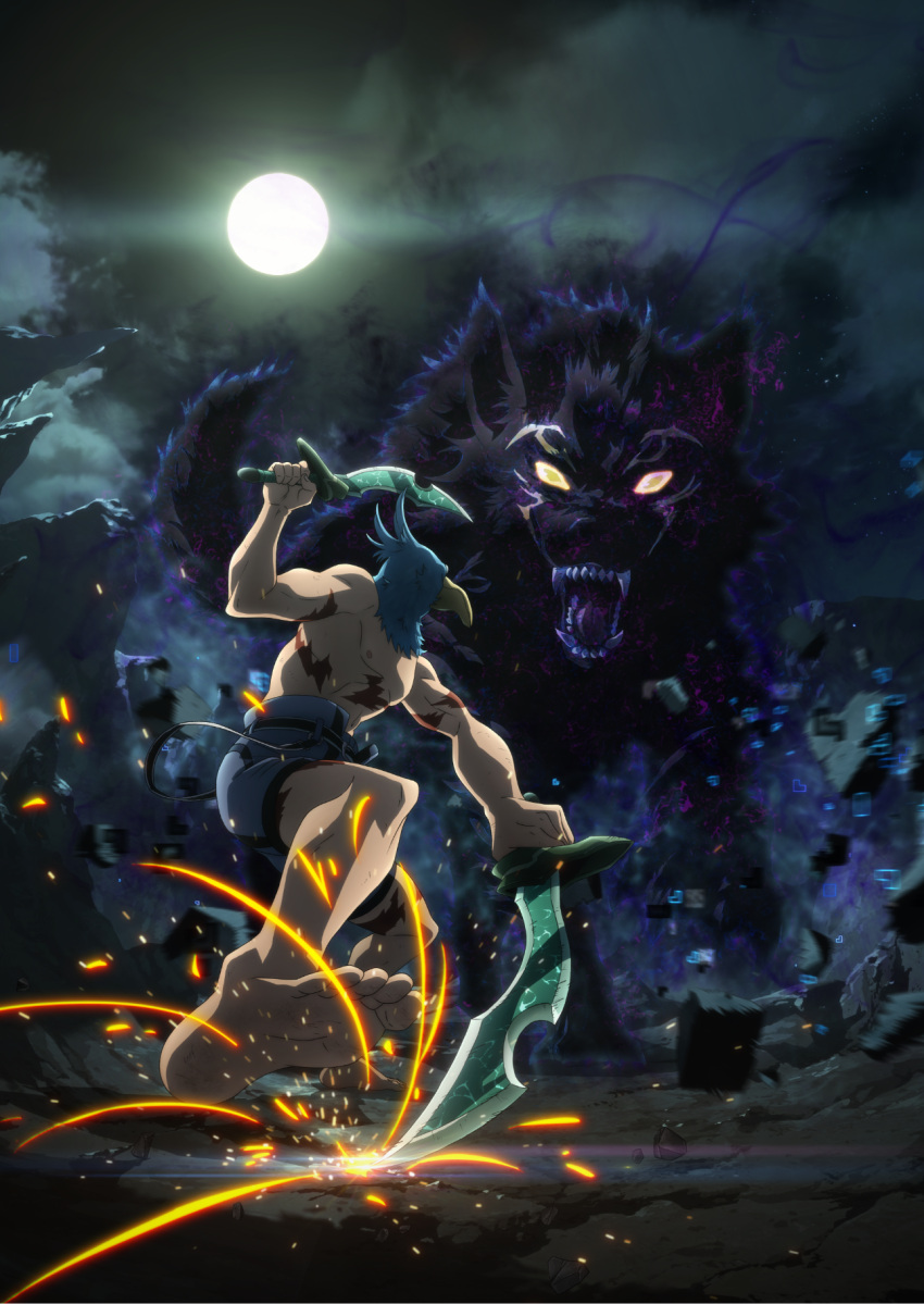 1boy, blue_pants, clouds, dual_wielding, duel, full_moon, highres, hizutome_rakurou