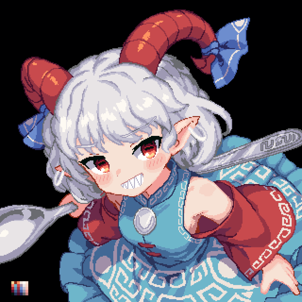 1girl, 999_(hansode), black_background, blue_dress, curly_hair, detached_sleeves, dress, earrings