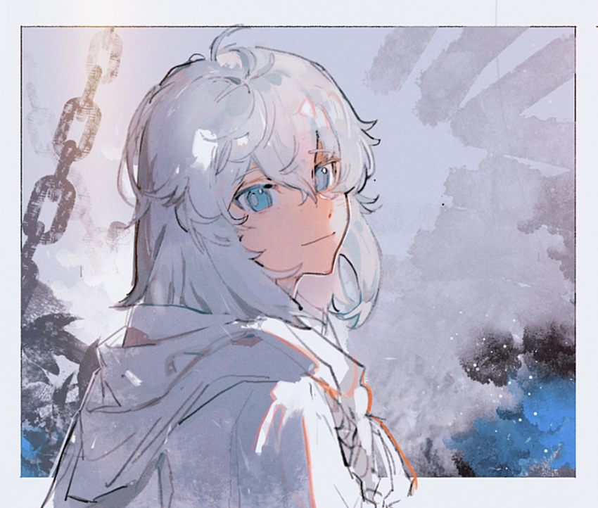 1boy, abstract_background, androgynous, bishounen, blue_eyes, border, capelet, chain, chinese_commentary, commentary_request, final_fantasy, final_fantasy_xiv, from_side, grey_background, highres, hood, hood_down, hooded_capelet, hua_tu_wei_long, looking_at_viewer, male_focus, medium_hair, outside_border, portrait, smile, solo, sophist's_robe_(ff14), themis_(ff14), white_border, white_capelet, white_hair